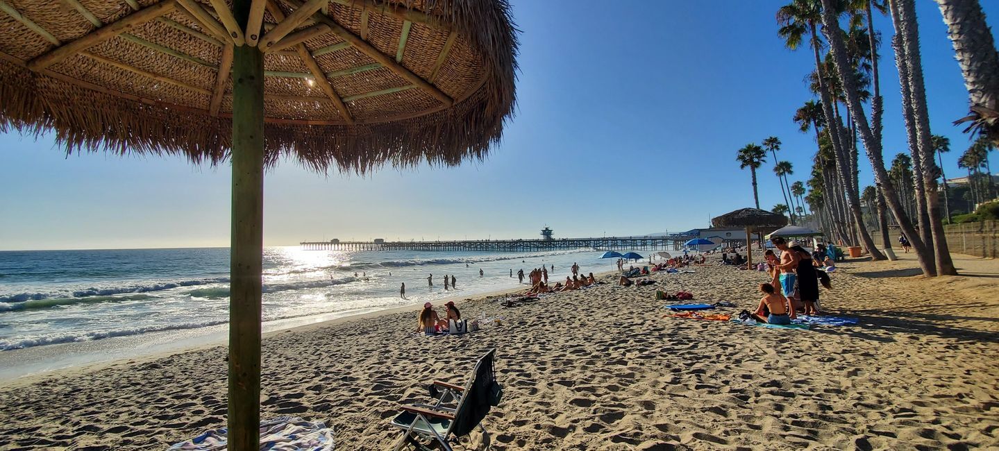 A beach with people and umbrellas on it